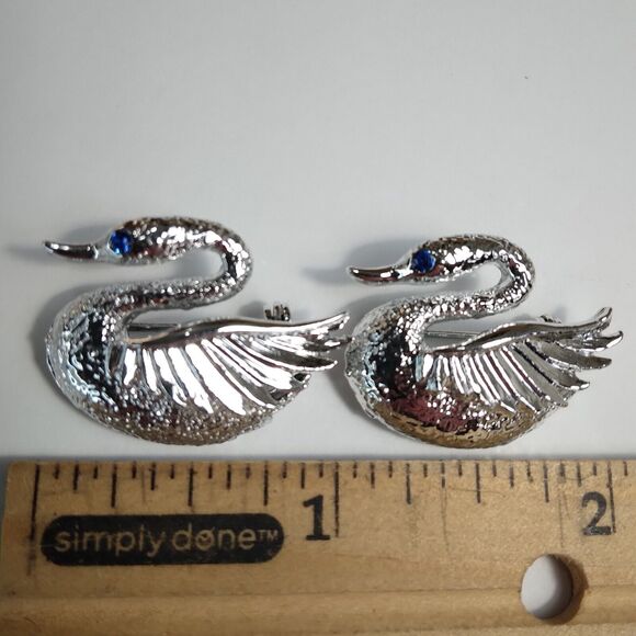 2 Swan Brooch Vintage Gerry's MCM Silver Tone & Blue Rhinestone Bird Pins - Picture 7 of 8
